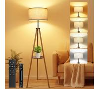 OUTON Solid Wooden Tripod Floor Lamp, Touch Control, Standing Lamp with Remote Control, Dimmable & 4 Color Temperatures, 1H Timer, LED Floor Lamp with Storage Shelf Linen Shade for Living Room Bedroom