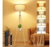 OUTON Solid Wooden Tripod Floor Lamp, Touch Control, Standing Lamp with Remote Control, Dimmable & 4 Color Temperatures, 1H Timer, Floor Lamp with Storage Shelf Linen Shade for Living Room Bedroom