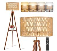 OUTON Solid Wooden Tripod Floor Lamp with Rattan & Linen Double Shades, Standing Lamp with Remote Control, Dimmable & 4 Color Temperatures, Boho Floor Lamp with Shelves for Living Room, Bedroom