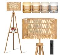 OUTON Solid Wooden Tripod Floor Lamp with Rattan & Linen Double Shades, Standing Lamp with Remote Control, Dimmable & 4 Color Temperatures, Boho Floor Lamp with Shelves for Living Room, Bedroom