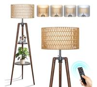 OUTON Tripod Floor Lamp Rattan & Linen Double Shades, Dimmable & 3000K-6000K Adjustable Color Temperature, Farmhouse Standing Lamp with Remote, Boho Floor Lamp with Shelves for Living Room, Bedroom