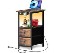 OUTONLIFE Side Table with LED Dimmable Light & Charging Station, Nightstand with 2 Drawers, 2 USB Ports & AC Outlet, Narrow Bed End Table with Storage for Bedroom, Living Room, Office, Small Space
