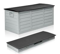 Outopee 280L Foldable Garden Storage Box With Strapped Lid, Grey&Black | Heavy Duty Plastic Deck Box, Weather Resistant, Portable Outdoor Storage, For Parcels, Tools, Toys, Accessories