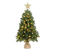 Outopee 3ft Pre-lit Artificial Mini Christmas Tree for Home, Office, Shop | Tabletop Small Xmas Pine Tree, 100 Warm Lights, 8 Lighting Modes & Top Star, Linen Base, Indoor Christmas Holiday Decoration
