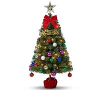 Outopee 3FT Pre-lit Artificial Mini Christmas Tree for Home, Office, Shop | Tabletop Small Xmas Tree, 50 Warm Lights, 8 Lighting Modes, Star Topper, Red Cloth Base, Indoor Christmas Holiday Decoration