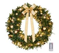 Outopee 48in Pre-lit Christmas Wreath, Lighted Artificial Xmas Garland with Remote Control, 150 Lights, 450 PVC Tips, Bow & Golden Ornaments for Front Door Gate Wall Window Holiday Party Decor