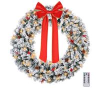 Outopee 48in Pre-lit Snow Flocked Christmas Wreath, Lighted Artificial Xmas Garland with Remote Control, 150 Lights, 450 Tips, Bow & Ornaments for Front Door Gate Wall Window Holiday Party Decor
