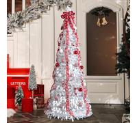 Outopee 6FT Pop Up Artificial Christmas Tree, Pre-lit Collapsible Xmas Tree | 100 Warm Lights, 8 Lighting Modes, Fully Decorated, Red & White Ornaments for Holiday Party Home, Office, Shop Decoration