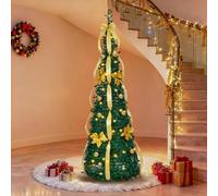 Outopee 6FT Pop Up Artificial Christmas Tree, Pre-lit Collapsible Xmas Tree with 80 Lights, 8 Lighting Modes and Golden Ornaments for Holiday Party Home, Office, Shop Decoration