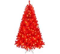 Outopee 6ft Red Artificial Christmas Tree, Xmas Tree with DIY 100 Warm Lights, 750 PVC Branch Tips & Foldable Metal Stand, Xmas Holiday Party Decoration for Home Office Shop