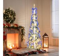 Outopee 6FT Snow Flocked Pop Up Artificial Christmas Tree, Pre-lit Collapsible Xmas Tree with 150 Lights, 8 Lighting Modes and Blue & Silver Ornaments for Holiday Party Home, Office, Shop Decoration