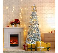 Outopee 6FT Snow Flocked Pop Up Artificial Christmas Tree with 100 Lights | Pre-lit Collapsible Xmas Tree, 8 Lighting Modes, Fully Decorated, Golden Ornaments for Holiday Party Home, Office, Shop Decor