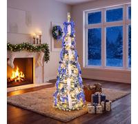 Outopee 6FT Snow Flocked Pop Up Artificial Christmas Tree with 150 Lights | Pre-lit Collapsible Xmas Tree, 8 Lighting Modes, Blue & Silver Ornaments for Holiday Party Home, Office, Shop Decoration