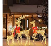 Outopee Lighted Christmas Decorations, 3-Piece Outdoor Reindeer Family Set with 270 LED Lights, Glittering Golden Deer Family Festival Decoration for Yard Lawn Patio Porch Indoor Outdoor