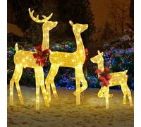 Outopee Lighted Christmas Reindeer Decoration 3 Piece, Waterproof 2D Light Up Christmas Deer Family Set with 200LED, Pre-lit Lights & Metal Stakes for Indoor Outdoor Yard Porch Garden, Gold