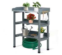 Outopee Outdoor Garden Potting Bench Table, Wooden Germination Table Planting Work Station with Metal Tabletop, 2 Storage Shelves, 3 Hooks, 74 * 36 * 90CM, Grey
