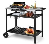 Outopee Outdoor Grill Dining Cart, BBQ Pizza Oven Trolley with Stainless Steel Worktop, Side Tray & Garbage Bag Rack, Portable Food Prep Table Outdoor Barbecue Cart for Kitchen Garden Patio Cooking