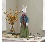 OUTOUR 21 Inch Tall Hand Carved Wooden Bunny Statue with Moving Arms - Garden Patio Yard Decor Indoor Outdoor Rabbit Sculpture