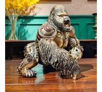 OUTOUR Steampunk Gorilla Statue King Kong Sculpture Resin Cyborg Figurine with Mechanical Gears Hand Painted Gold Home Decor Man Cave Display