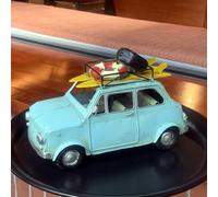 OUTOUR Vintage Mini Style Car Model with Surfboard Handmade Iron Retro Miniature, Classic European Compact Car Figurine,Beach Travel Decor Collectible, Gift for Car & Surf Lovers