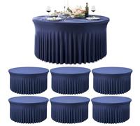 Outpain 6 Pack Spandex Navy Blue Round Tablecloths for 60in Tables, 120Inch Stretchy Fitted 5FT Round Table Clothes,Wrinkle Free Table Cover with Skirt for Wedding Party Dining Banquet