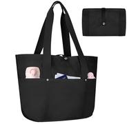 Outplea 18L Foldable Tote Bag with Zipper for Women, Small Lightweight Multipockets Shoulder Bag for Teacher, Waterproof Handbags for Travel Beach, Black