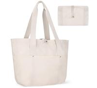Outplea 18L Foldable Tote Bag with Zipper for Women, Small Lightweight Multipockets Shoulder Bag for Teacher, Waterproof Handbags for Travel Beach, Beige