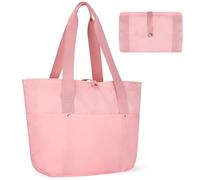Outplea 18L Foldable Tote Bag with Zipper for Women, Small Lightweight Multipockets Shoulder Bag for Teacher, Waterproof Handbags for Travel Beach, Pink