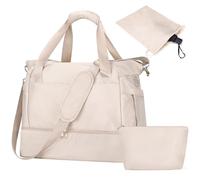 Outplea 32L Travel Duffle Bag with Toiletry Bag, Overnight Weekender Bags with Shoe Compartment & Wet Pocket, Womens Gym Tote for Dance, Hospital Bag, Beige