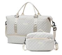 Outplea 55L Lightweight Travel Duffle Bag with Shoe Compartment, Large Weekender Bag with Wet Pocket, Overnight Bag for Women, Holdall Bag with Toiletry Bag for Fitness Yoga Swim Gift, White