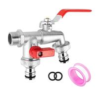 Output Garden Tap 1/2'' Inch Brass Double Water Tap Faucet Rust and Frost Proof Outdoor Water Faucet with 1 x 1/2 Inlet and 2 x -3/4 Outlet Double Tap for Garden, Washing Machine, Rain Barrel