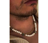 Outrage London Men's Gold Personalised Labradorite Stone Pearl Necklace in White | Size: Adjustable Outrage London White Adjustable