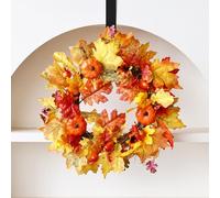 Outside Halloween Decorations Illuminated 24" Fall Wreath, Lighted with Maple Leafs, Pinecones, Pumpkins and Autumn Berries… Halloween Props (Orange, 40cm)