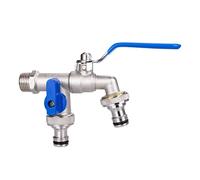Outside Tap Blue Handle Double Head Water Faucet for Washing Machine 1 Inlet 2 Outlet 1/2" BSP Thread Brass Outdoor Garden with Dual(Color-B)