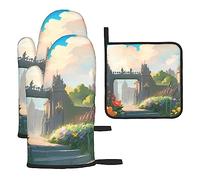 Outside The Castle Gate Oven Mitt Set, Heat Resistant Grill Mitt, Suitable For Kitchen Cooking And Microwave 3-Piece Set