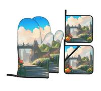 Outside The Castle Gate Printed Silicone Gloves 4-Piece Set Anti-scalding Oven Baking Gloves Pot Cover BBQ Cooking Gloves