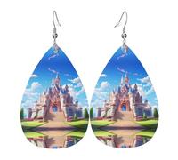 Outside the castle Pattern leather earrings | Water drop-shaped printed earrings, suitable for daily/party/dating scenes