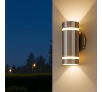Outside Wall Lights Mains Powered, Up Down Outdoor Wall Sign Light, Stainless Steel IP44 Waterproof External Wall Lights, Exterior Wall Sconce for Patio, Garden, Front Door,Garage,Silver