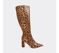 Outstanding Pointed Toe Knee High Heeled Boot In Leopard Print Faux Leather, Women's Size UK 3