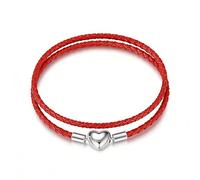 OutstandLong 3mm Double Red Leather Charm Bracelet Heart Barrel Snap Clasp Handmade Braided Wristband fit Pandora European Charm Bead DIY Jewelry 13.8", 13.8 Inches, Leather, no gemstone