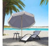 Outsunny 1.7 m Beach Umbrella with Sand Anchor, 30° Tilting Fringed Beach Garden Parasol with Adjustable Height, for Outdoor, Patio, Blue