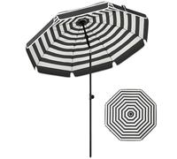 Outsunny 1.8 m Beach Umbrella Parasol with Sand Anchor, Portable 30° Tilting Patio Sun Shade with Adjustable Height, Carry Bag, UV Protection, Striped Design, Grey/White