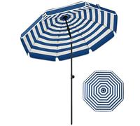 Outsunny 1.8 m Beach Umbrella Parasol with Sand Anchor, Portable 30° Tilting Patio Sun Shade with Adjustable Height, Carry Bag, UV Protection, Striped Design, Blue/White