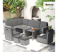 Outsunny 10-Seater Sofa Sectional W/ Cushioned Seat, Footstools And Glass Table