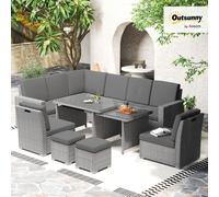 Outsunny 10-Seater Sofa Sectional w/ Cushioned Seat, Footstools and Glass Table, Grey