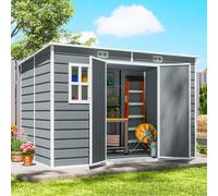 Outsunny 10 x 6 ft Plastic Garden Shed with Floor, Lockable Doors, Grey - 303 x 183 x 197/184 cm - Grey - PP, Aluminium