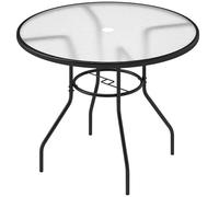 Outsunny 100 cm Round Dining Table with Parasol Hole, Outdoor Coffee End Side Table with Tempered Glass Top, Steel Frame for Garden, Patio, Black