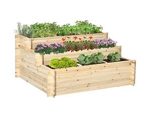 Outsunny 117cm x 100cm x 54cm 3 Tier Raised Garden Bed 376L Fir Wood Elevated Planter Flower Box with 9 Grow Grids and Non-woven Fabric for Vegetables, Flower, Herb Outdoor Indoor Use
