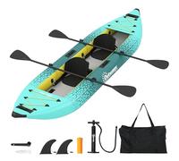Outsunny 12.5' Inflatable Kayak Set, 2-person Sit on Canoe with Aluminium Oars, Padded Seats, High Back Support, Fins, Carry Bag, Hand Pump & Repair Kit, Blow Up Boat for Adults, Blue and Yellow