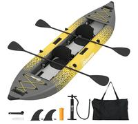 Outsunny 12.5' Inflatable Kayak Set, 2-person Sit on Canoe with Aluminium Oars, Padded Seats, High Back Support, Fins, Carry Bag, Hand Pump & Repair Kit, Blow Up Boat for Adults, Grey and Yellow
